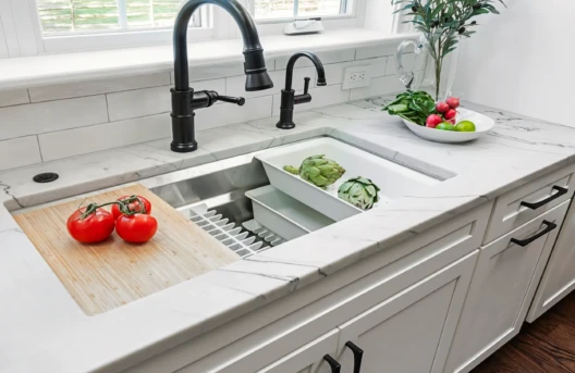 Kitchen sink with vegetables and cutting board.